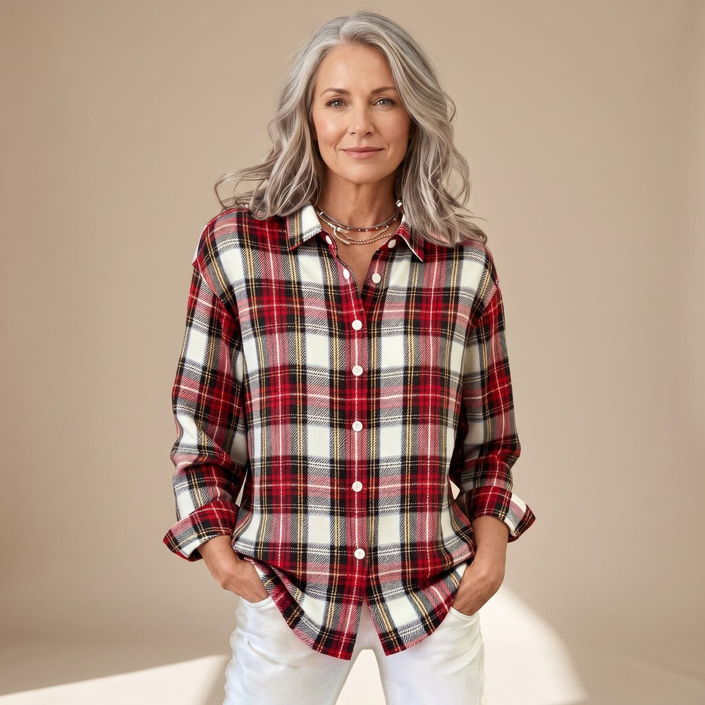 Women's Plaid Button Down Long-Sleeve Relaxed Shirt - Red