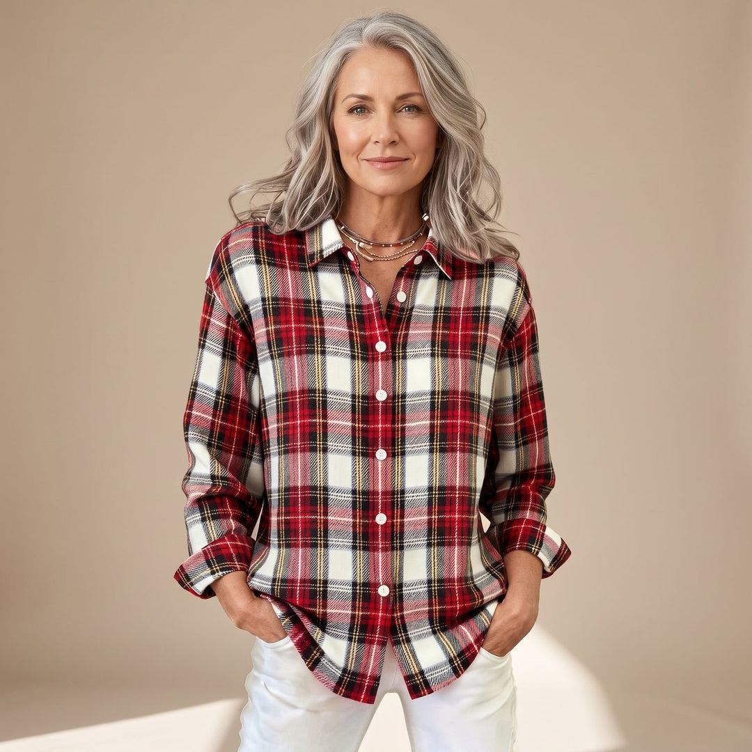 Women's Plaid Button Down Long-Sleeve Relaxed Shirt - Red