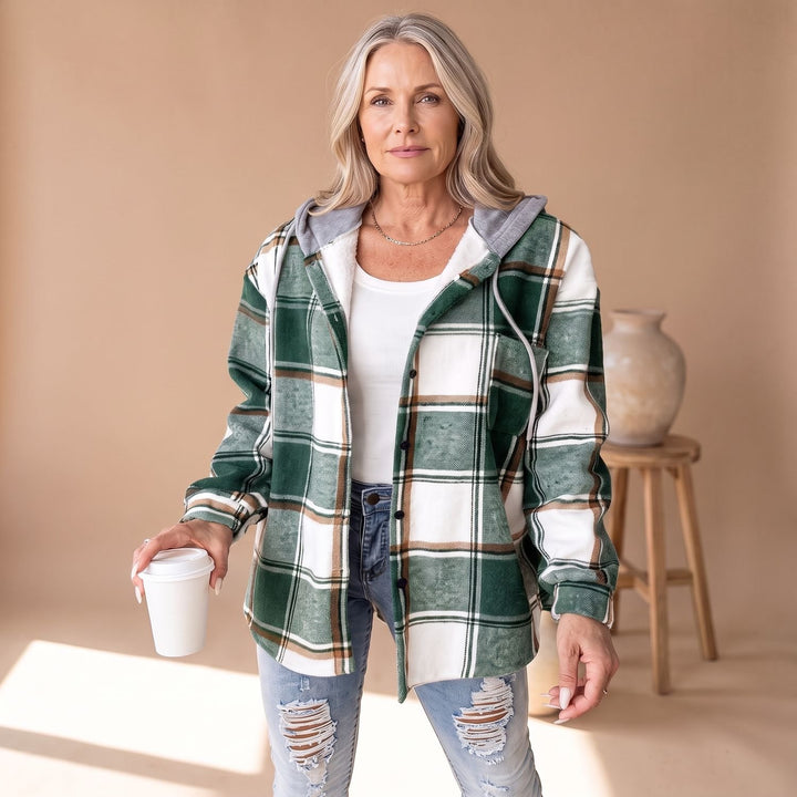 Women's Plaid Hooded Button-Front Shacket - Green