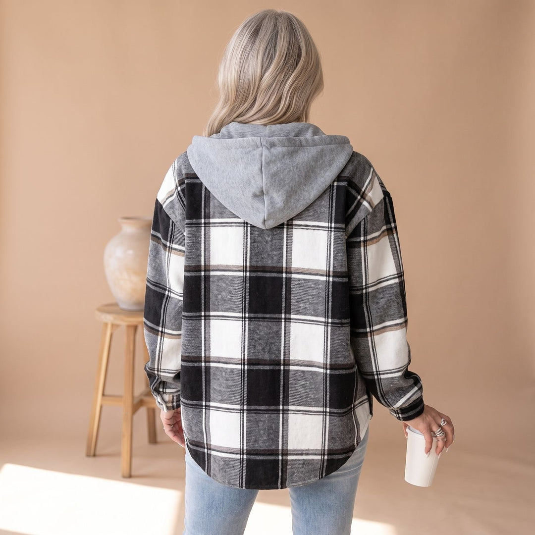 Women's Plaid Hooded Button-Front Shacket - Black