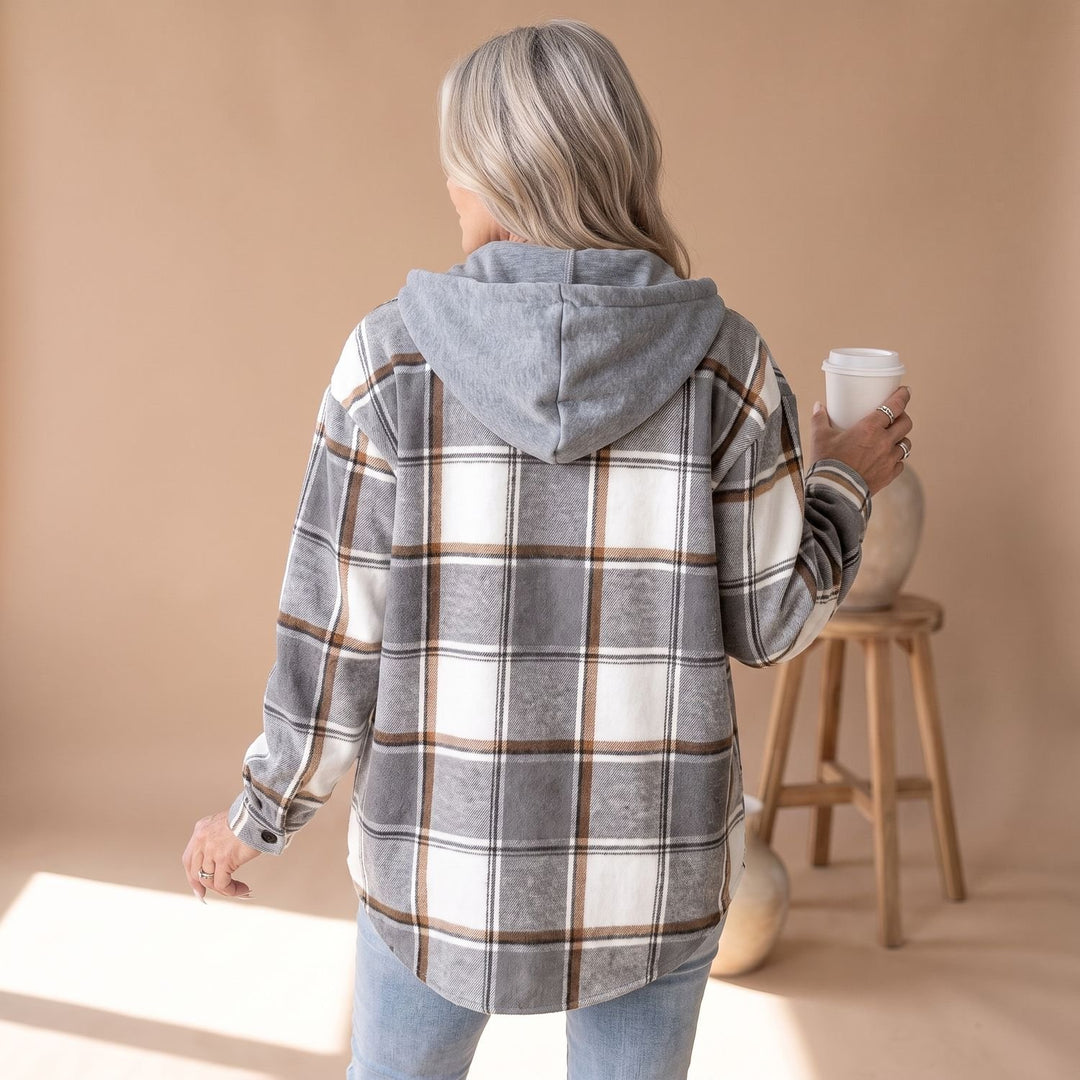 Women's Plaid Hooded Button-Front Shacket - Gray