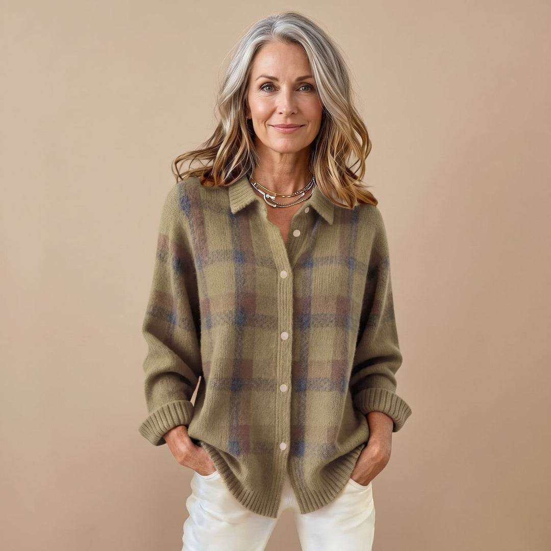 Women's Plaid Knit Button-Front Long Sleeve Sweater Shirt