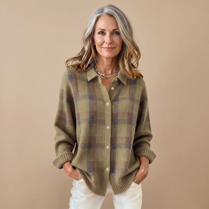 Women's Plaid Knit Button-Front Long Sleeve Sweater Shirt
