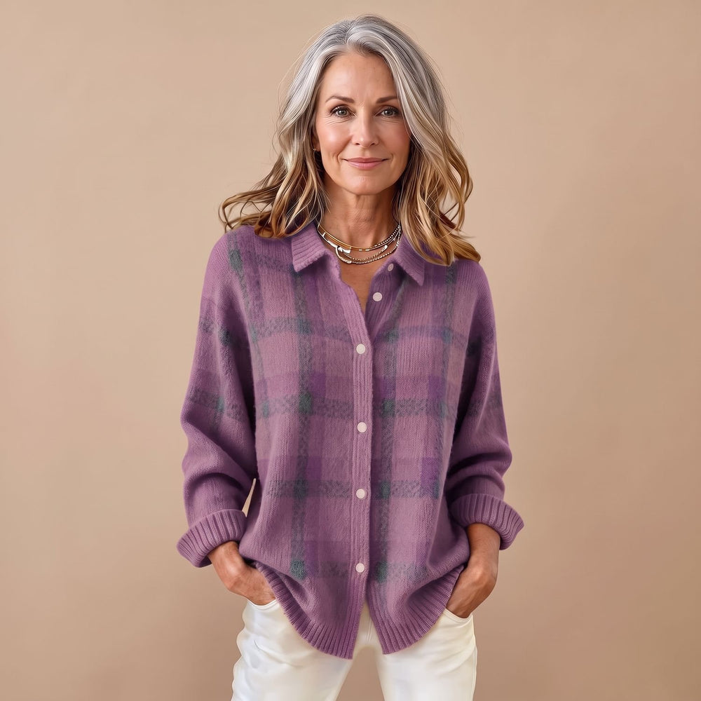 Women's Plaid Knit Button-Front Long Sleeve Sweater Shirt - Purple