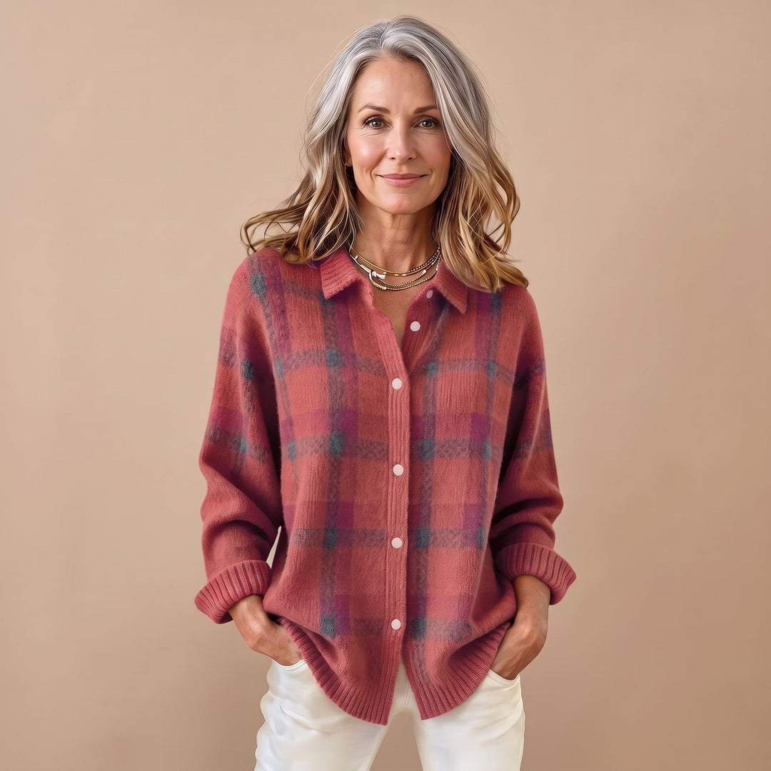 Women's Plaid Knit Button-Front Long Sleeve Sweater Shirt - Pink
