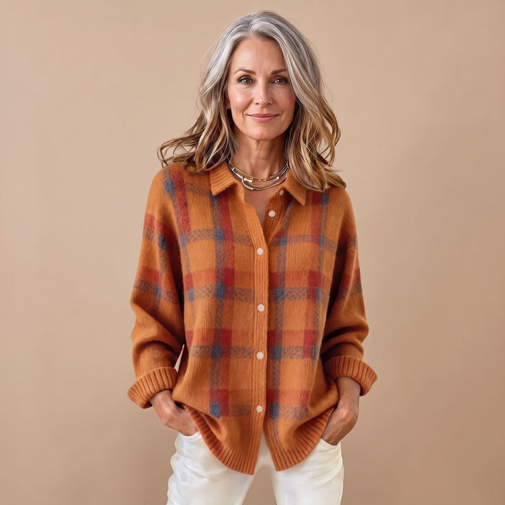 Women's Plaid Knit Button-Front Long Sleeve Sweater Shirt - Orange