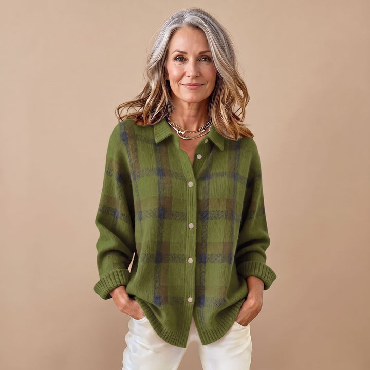 Women's Plaid Knit Button-Front Long Sleeve Sweater Shirt - Green
