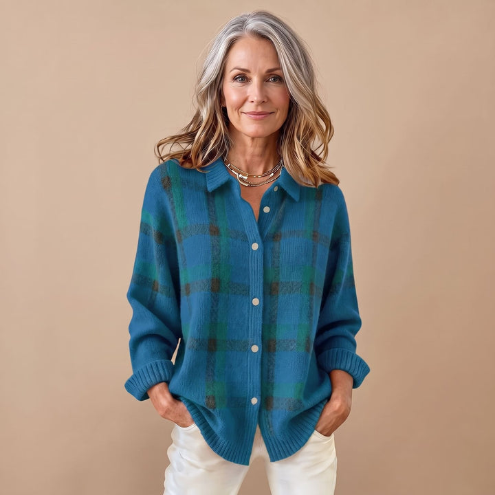 Women's Plaid Knit Button-Front Long Sleeve Sweater Shirt - Blue