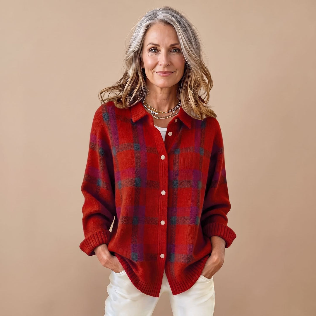 Women's Plaid Knit Button-Front Long Sleeve Sweater Shirt - Red