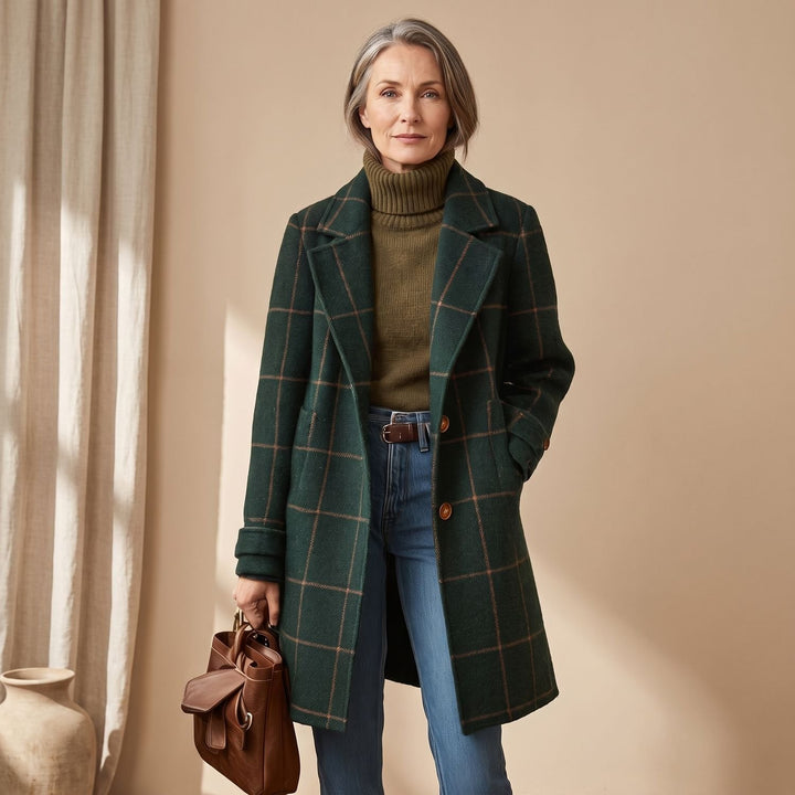 Women's Plaid Long Wool Coat Oversized Lapel Outerwear - Green