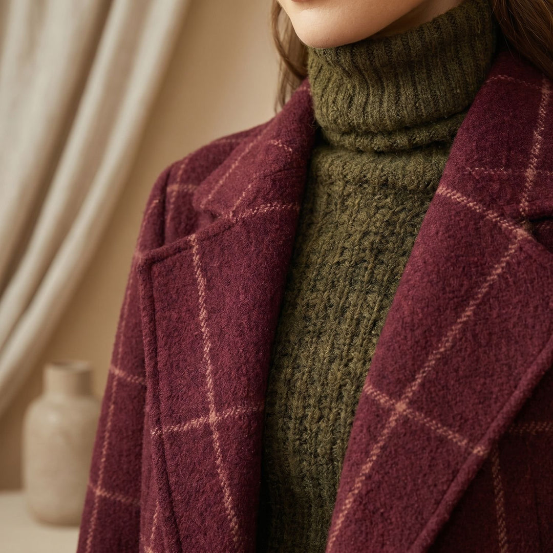 Women's Plaid Long Wool Coat Oversized Lapel Outerwear