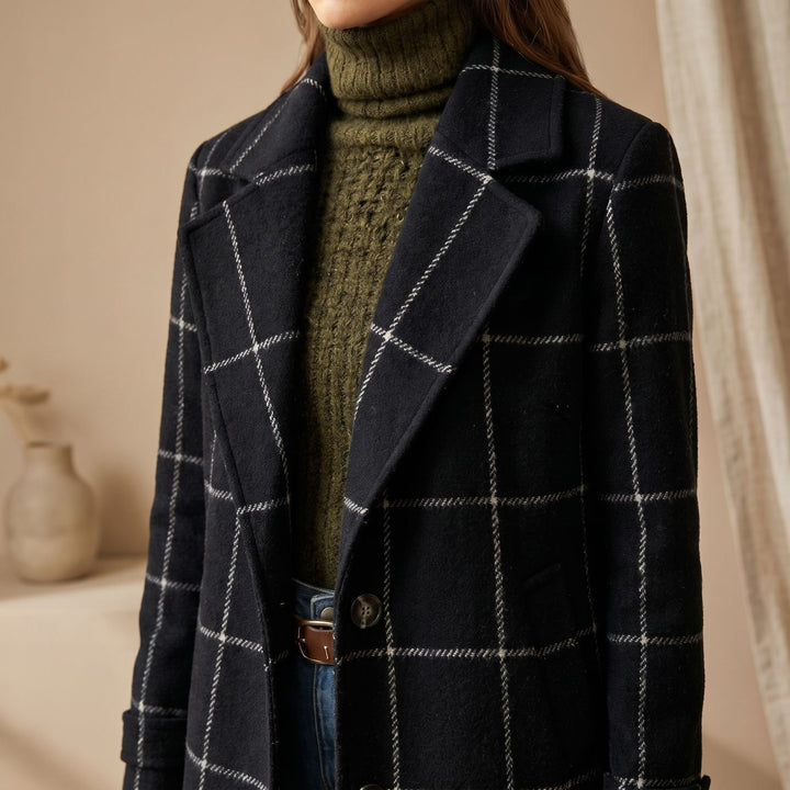Women's Plaid Long Wool Coat Oversized Lapel Outerwear