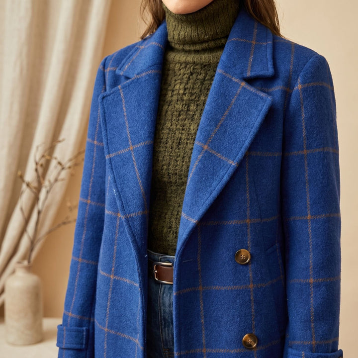 Women's Plaid Long Wool Coat Oversized Lapel Outerwear