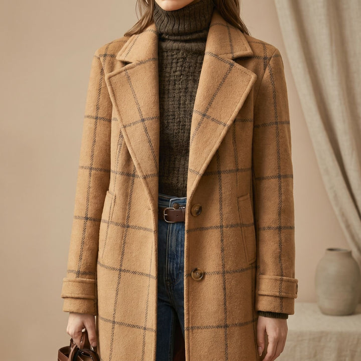 Women's Plaid Long Wool Coat Oversized Lapel Outerwear