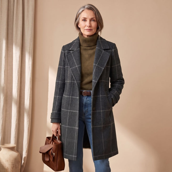 Women's Plaid Long Wool Coat Oversized Lapel Outerwear - Gray
