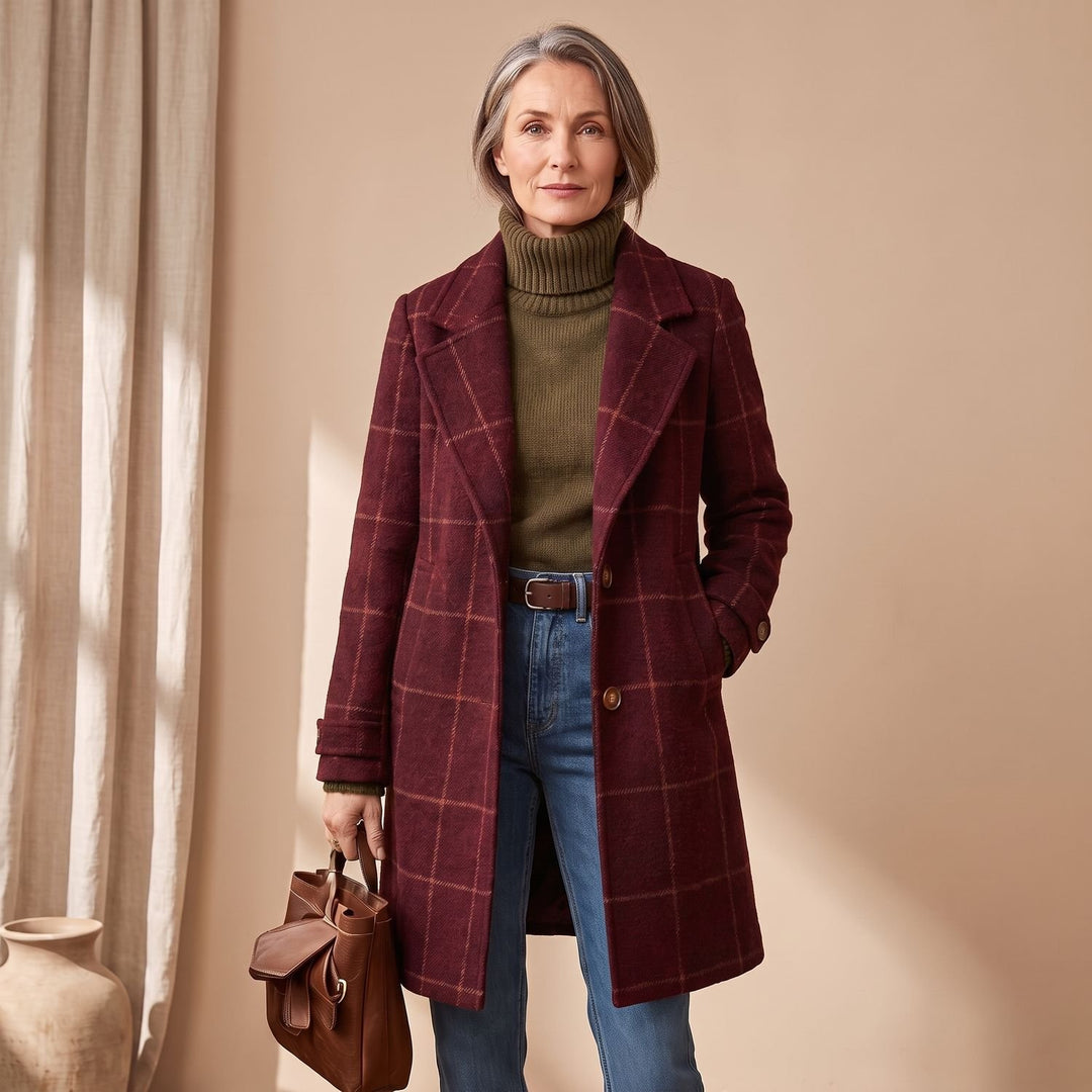 Women's Plaid Long Wool Coat Oversized Lapel Outerwear - Burgundy