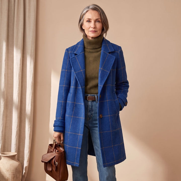 Women's Plaid Long Wool Coat Oversized Lapel Outerwear - Royal Blue