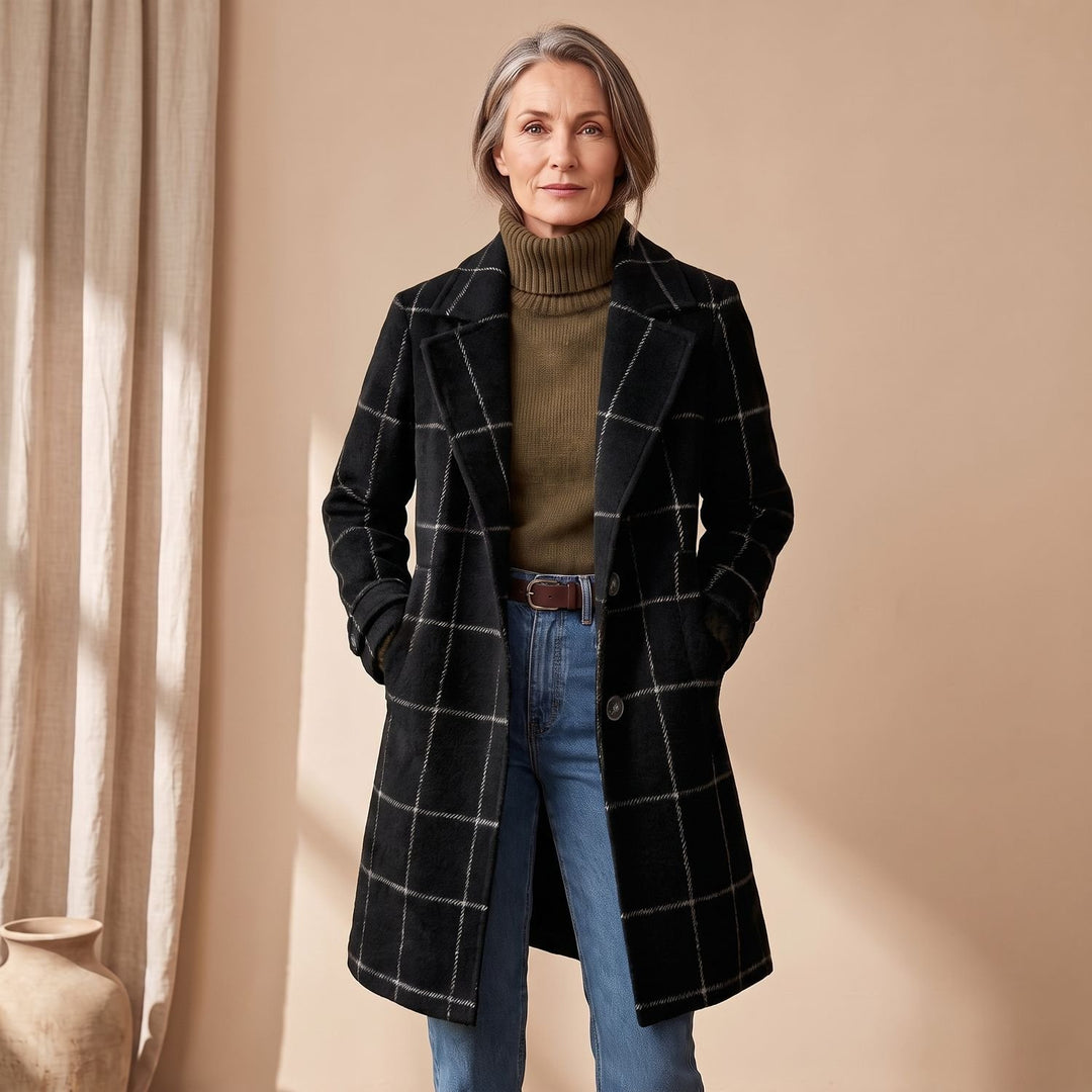 Women's Plaid Long Wool Coat Oversized Lapel Outerwear - Black