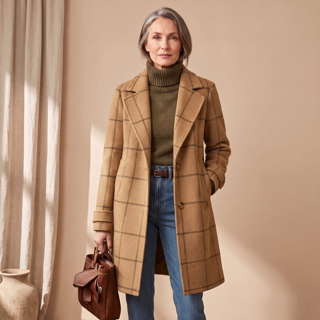 Women's Plaid Long Wool Coat Oversized Lapel Outerwear - Camel
