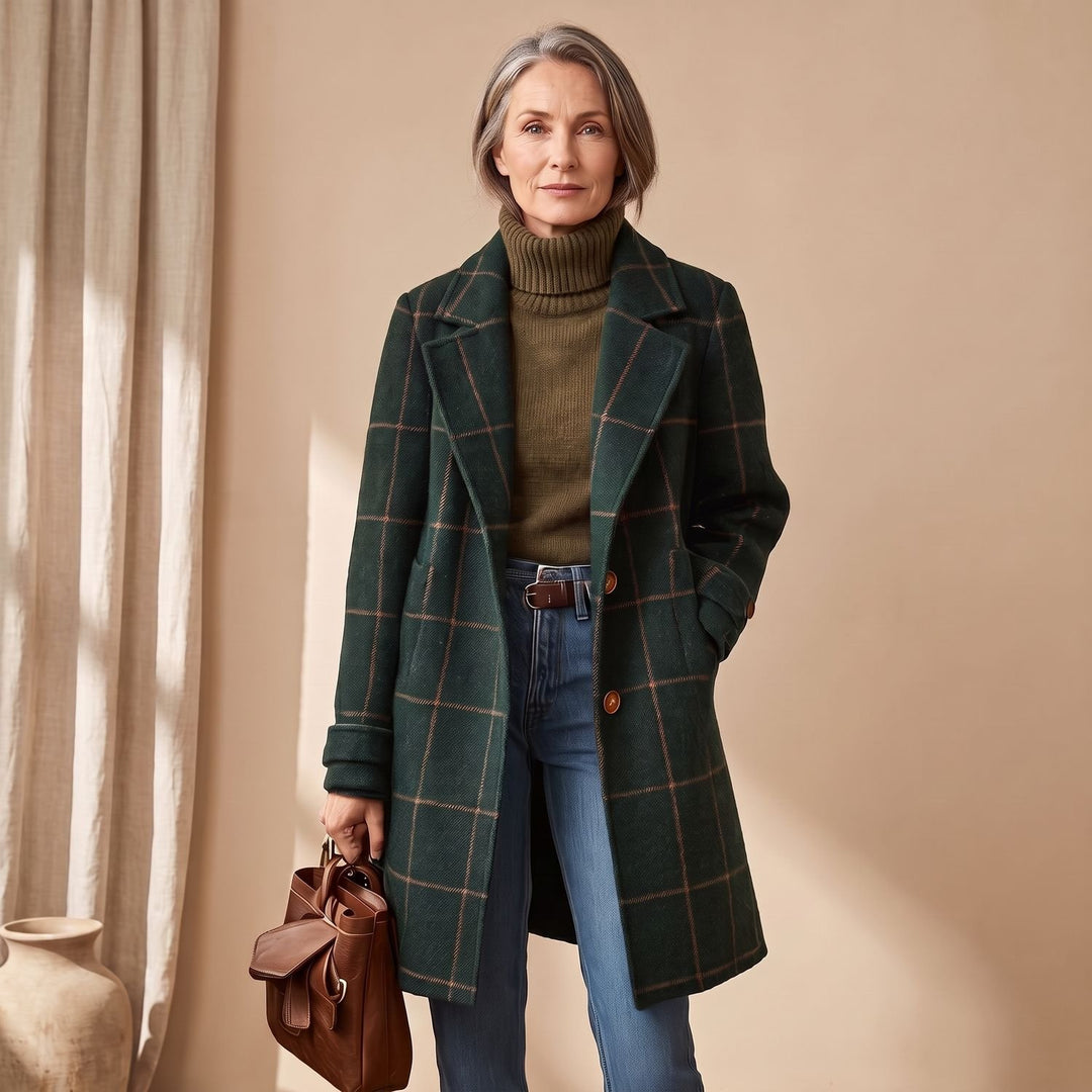 Women's Plaid Long Wool Coat Oversized Lapel Outerwear