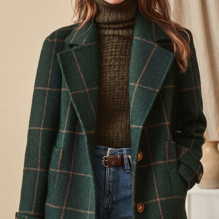 Women's Plaid Long Wool Coat Oversized Lapel Outerwear
