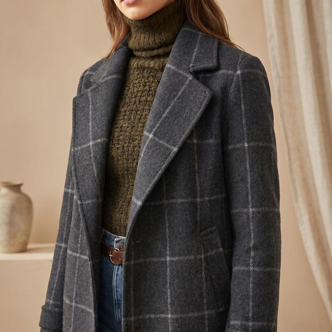 Women's Plaid Long Wool Coat Oversized Lapel Outerwear