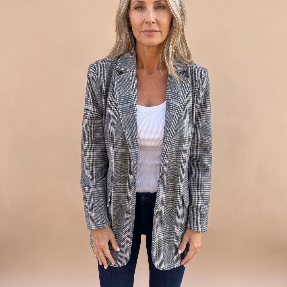 Women's Plaid Open-Front Long-Sleeve Blazer - Brown