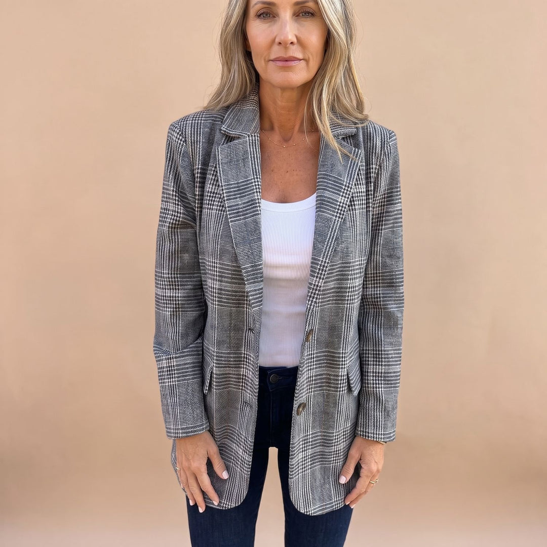 Women's Plaid Open-Front Long-Sleeve Blazer - Brown