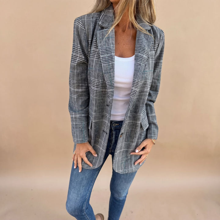 Women's Plaid Open-Front Long-Sleeve Blazer - Black