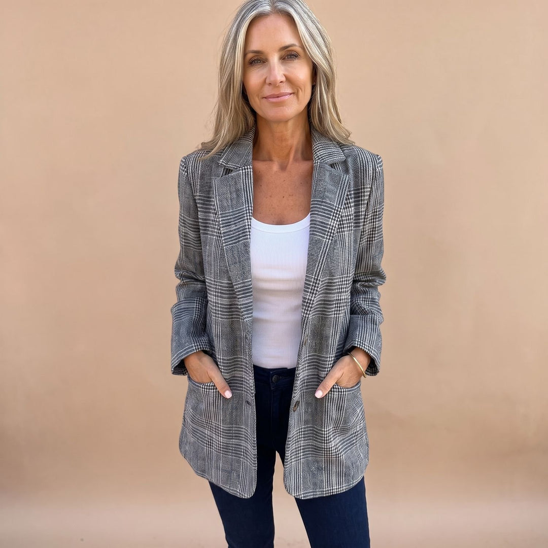 Women's Plaid Open-Front Long-Sleeve Blazer