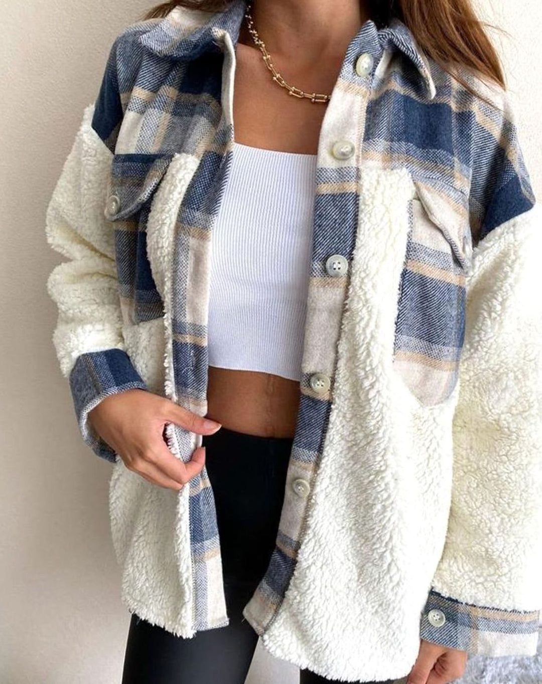 Women's Plaid Sherpa-Lined Button-Up Shacket - Blue