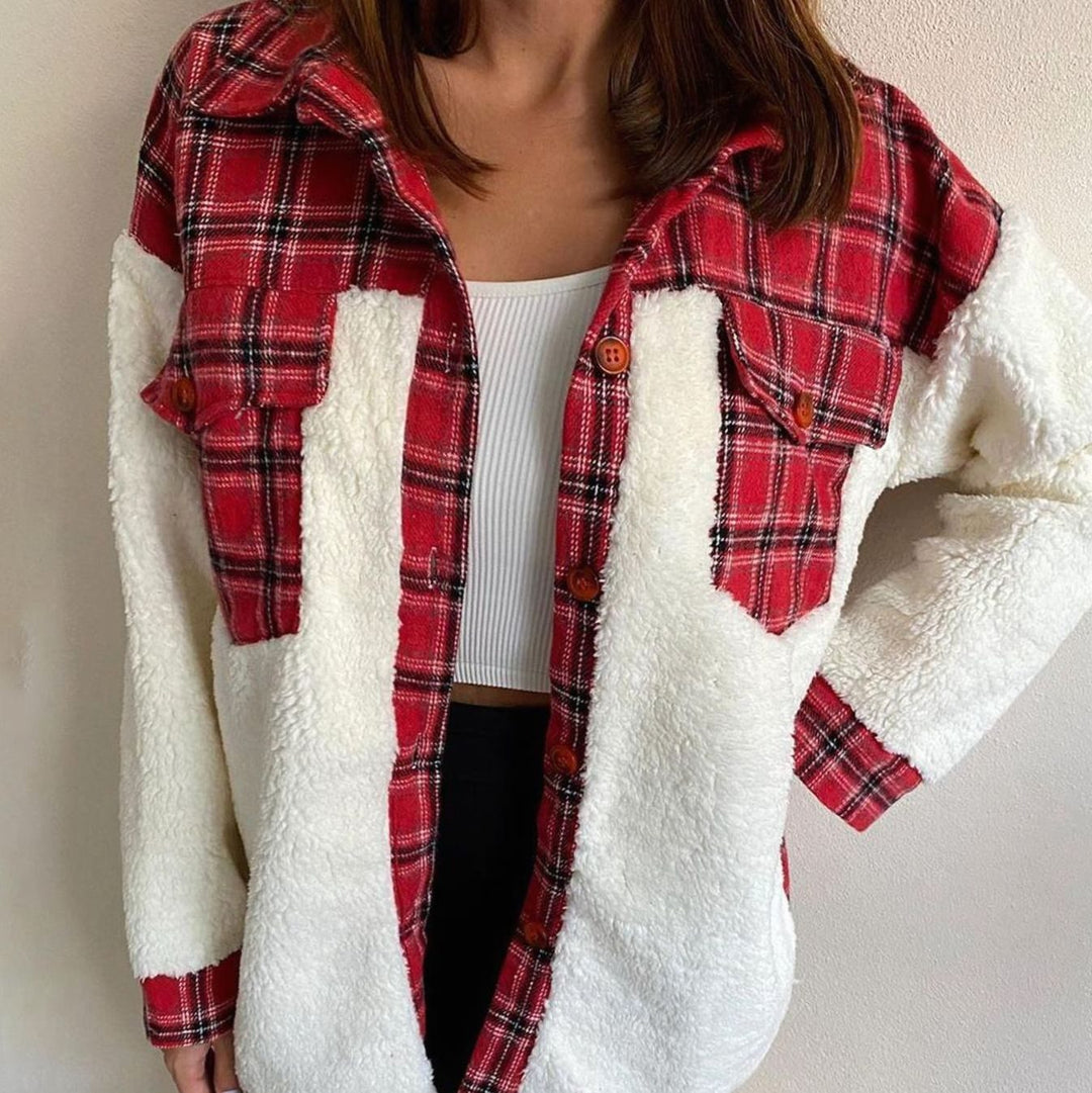 Women's Plaid Sherpa-Lined Button-Up Shacket - Red