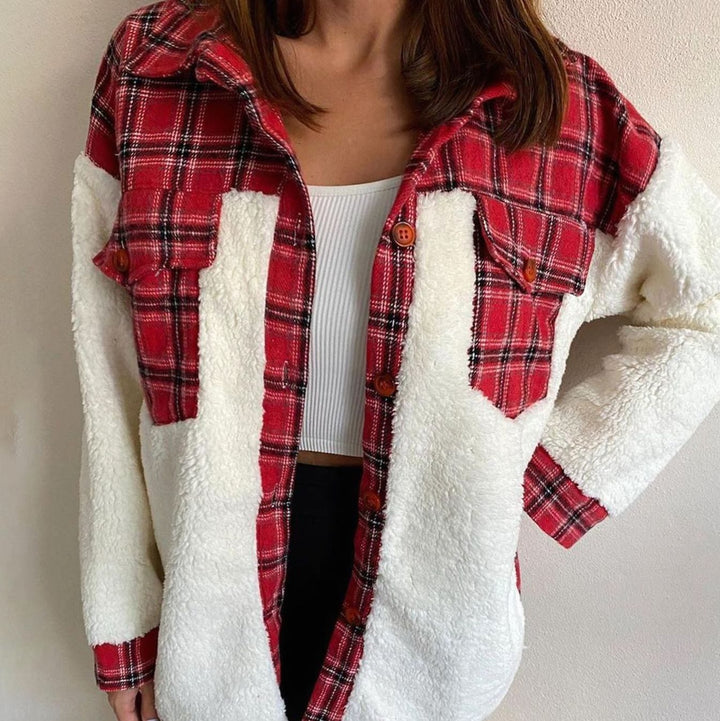 Women's Plaid Sherpa-Lined Button-Up Shacket - Red