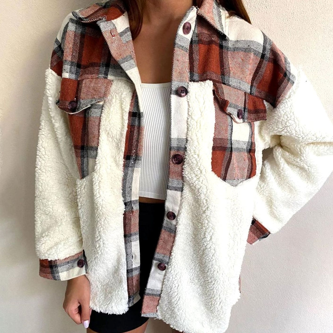 Women's Plaid Sherpa-Lined Button-Up Shacket - Copper Brown