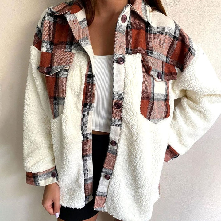 Women's Plaid Sherpa-Lined Button-Up Shacket - Copper Brown