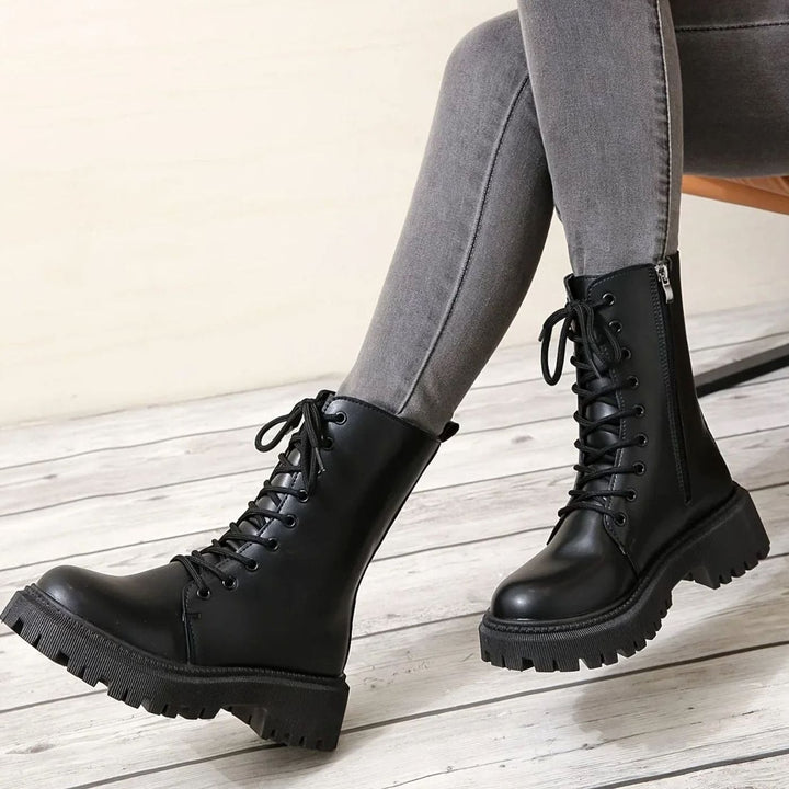 Women's Platform Lace-Up Faux Leather Combat Ankle Boots
