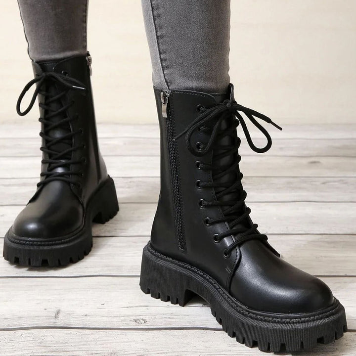 Women's Platform Lace-Up Faux Leather Combat Ankle Boots - Black
