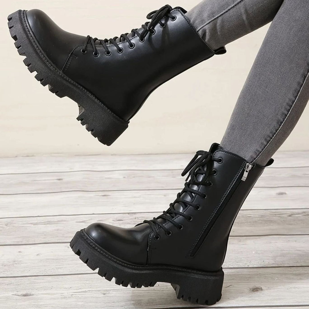 Women's Platform Lace-Up Faux Leather Combat Ankle Boots