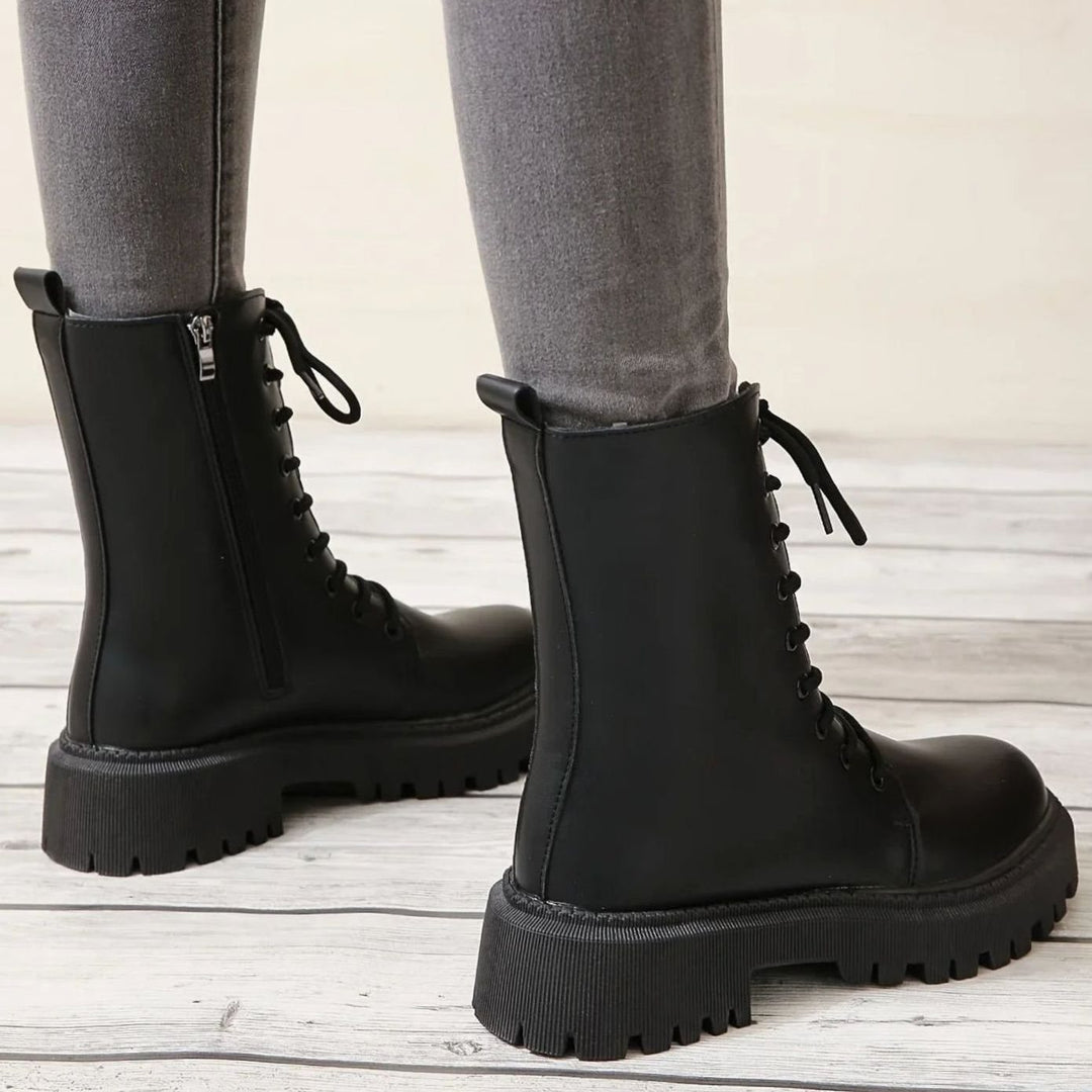 Women's Platform Lace-Up Faux Leather Combat Ankle Boots