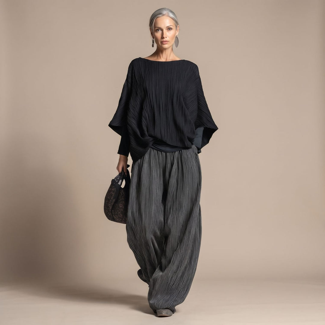 Women's Pleated Batwing Two Piece Set Wide-Leg Pants - Black / Charcoal