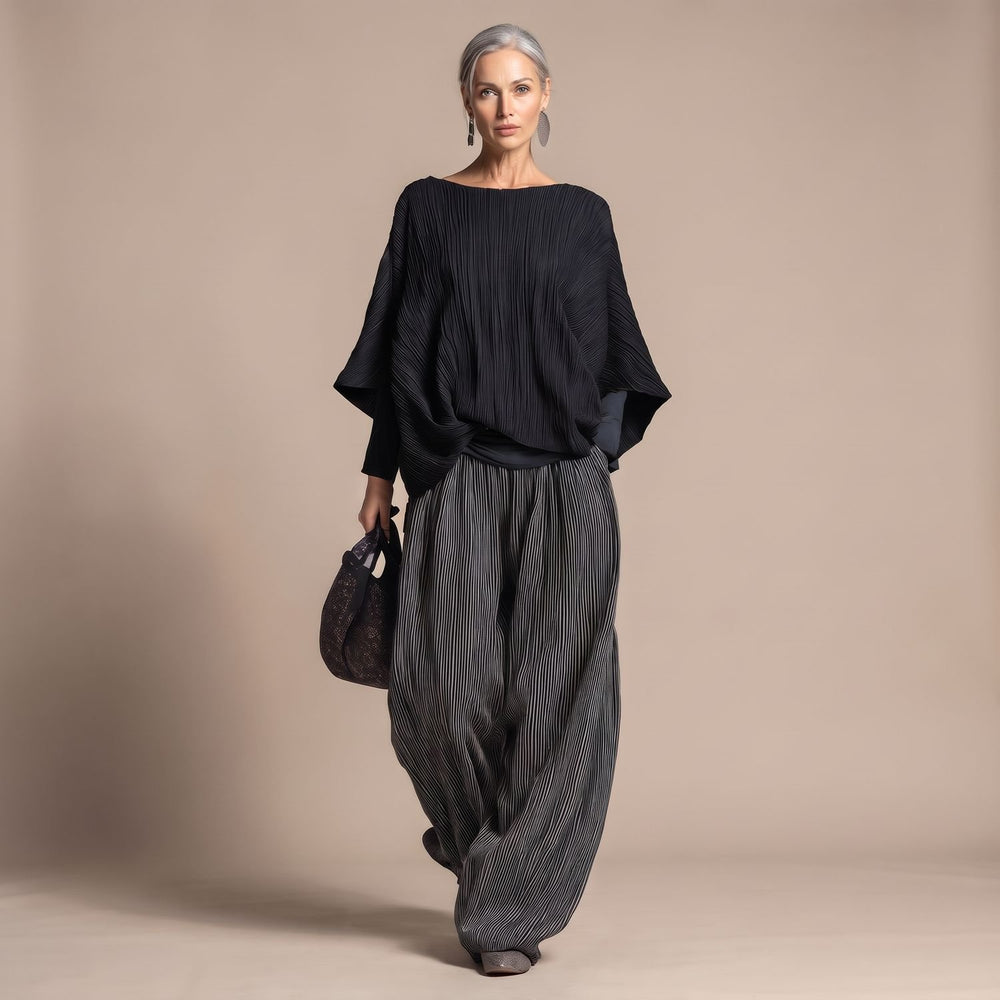 Women's Pleated Batwing Two Piece Set Wide-Leg Pants