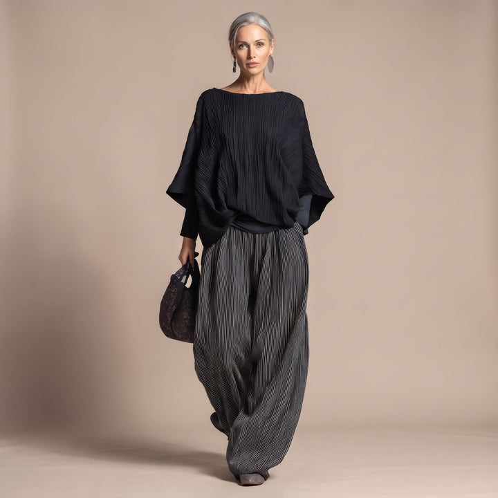 Women's Pleated Batwing Two Piece Set Wide-Leg Pants