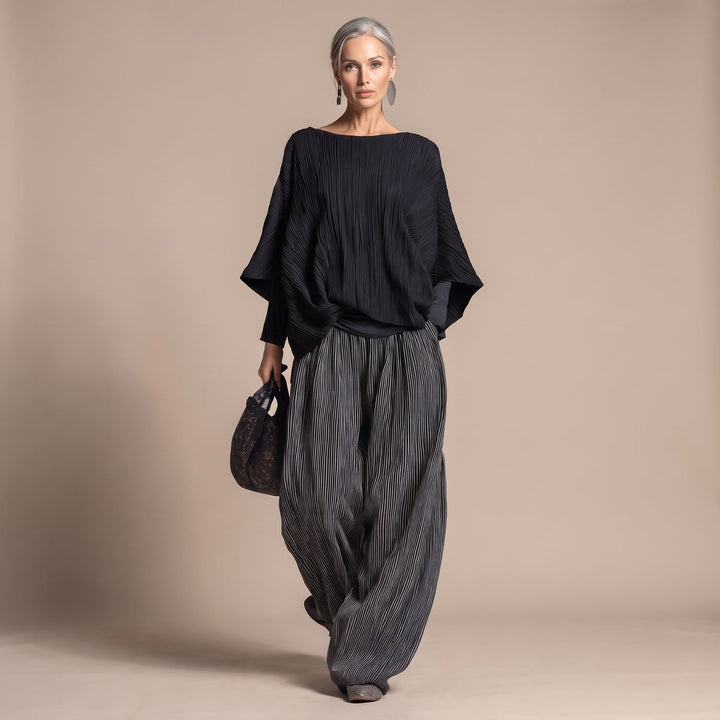 Women's Pleated Batwing Two Piece Set Wide-Leg Pants