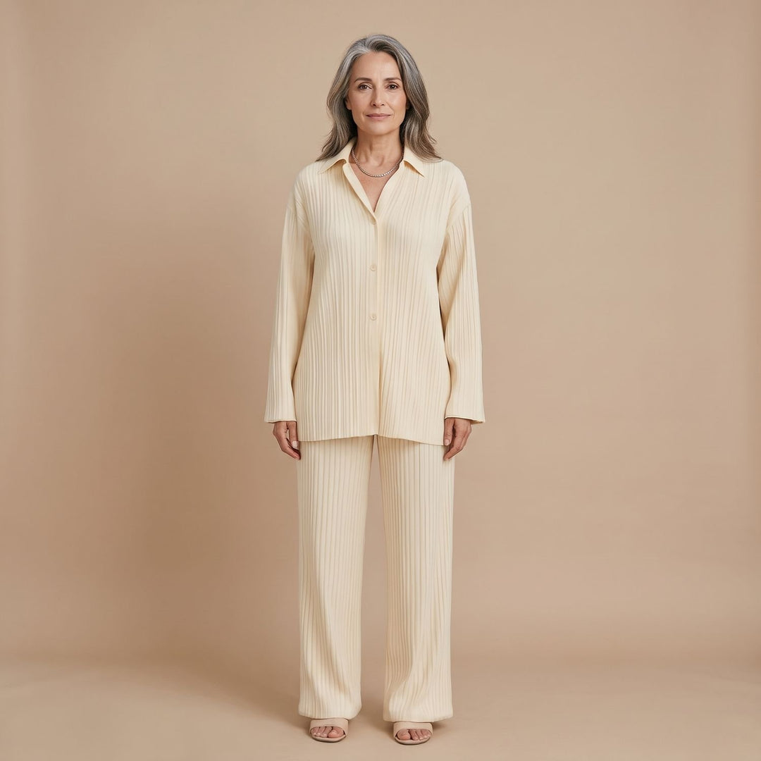 Women's Pleated Two-Piece Lounge Set Oversized Wide-Leg - Beige
