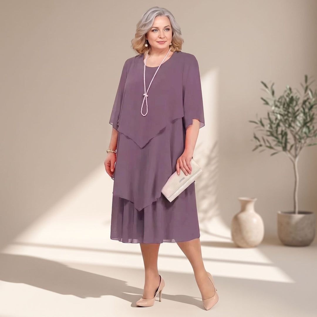 Women's Plus-Size Tiered Chiffon Midi Dress with Sleeves - Light Purple