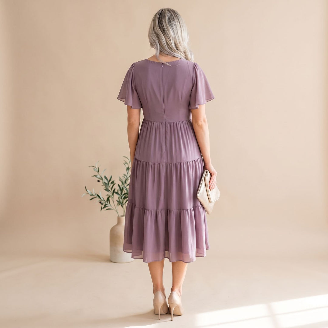 Women's Plus-Size Tiered Chiffon Midi Dress with Sleeves