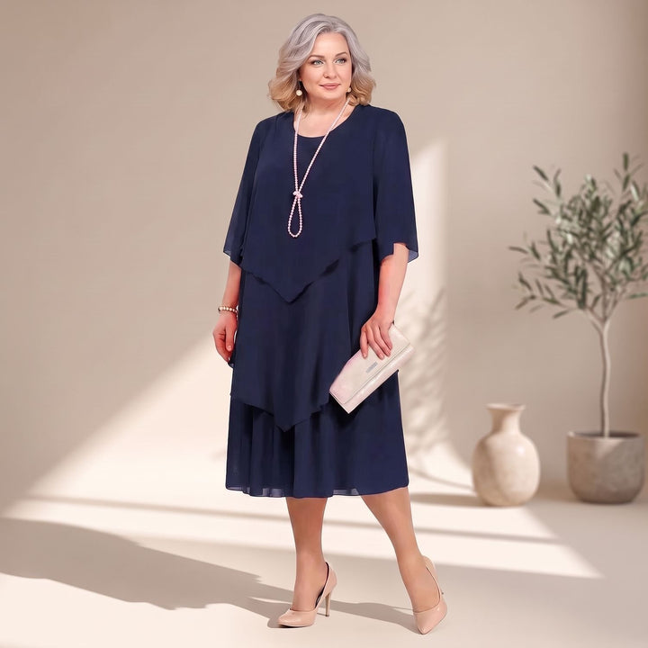 Women's Plus-Size Tiered Chiffon Midi Dress with Sleeves - Navy Blue