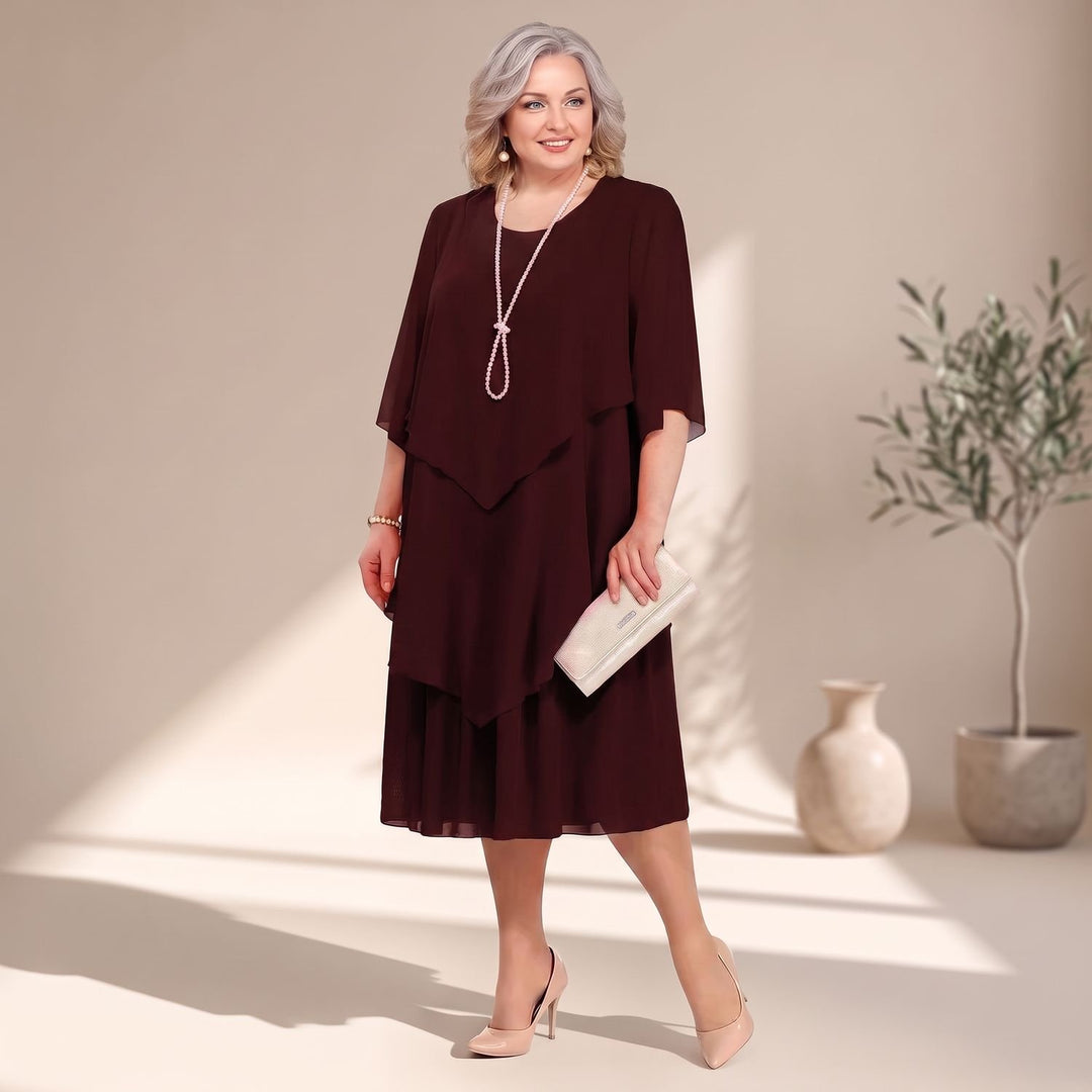 Women's Plus-Size Tiered Chiffon Midi Dress with Sleeves - Dark Red
