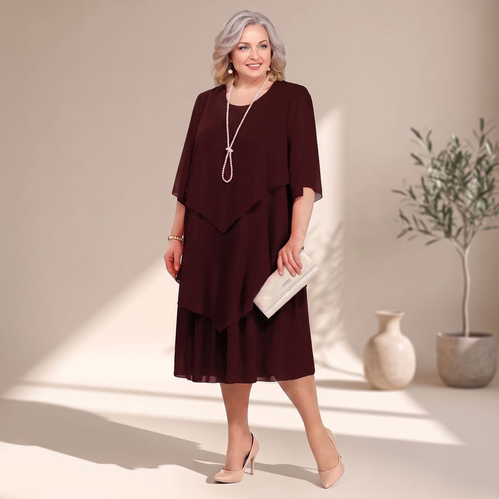 Women's Plus-Size Tiered Chiffon Midi Dress with Sleeves - Dark Red