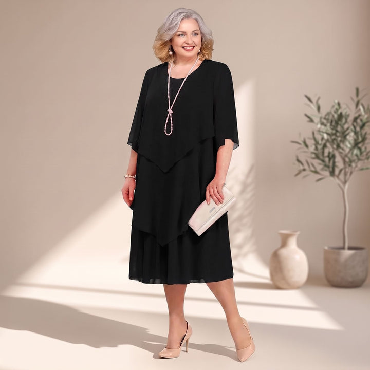 Women's Plus-Size Tiered Chiffon Midi Dress with Sleeves - Black